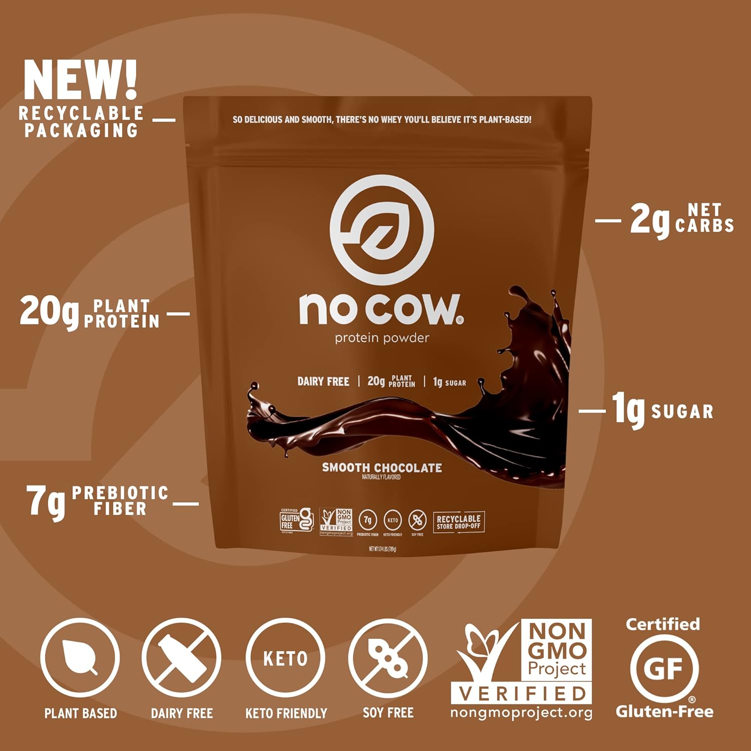 No Cow Vegan Protein Powder, Vanilla, 22g Plant Based Protein, Recyclable Aluminum Container & Scoop, Non Dairy, Soy Free, Low Sugar, Low Net Carb, Gluten Free, Naturally Sweetened, Non GMO, Kosher - Image 3